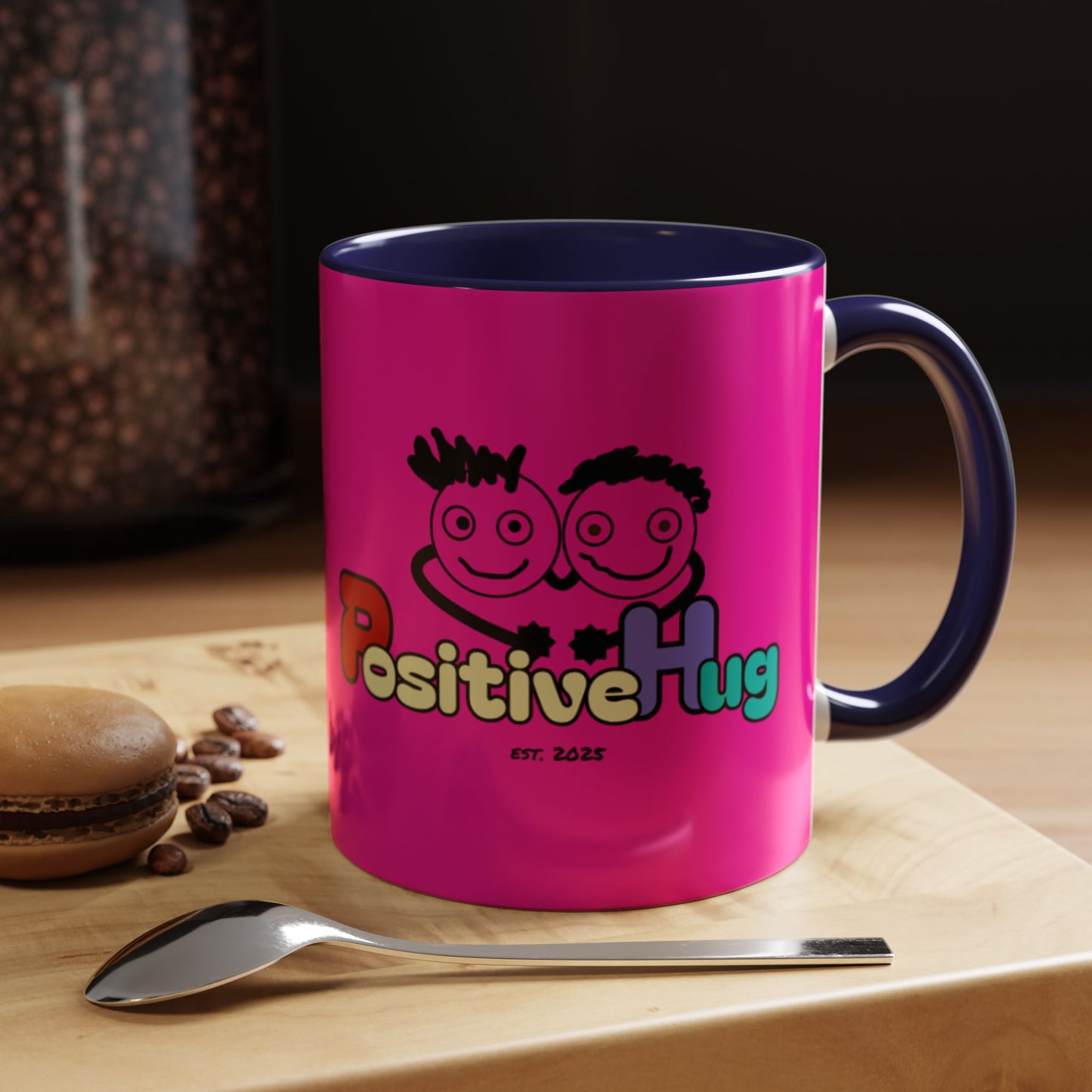'Good Morning Starshine' Neon Cheerful Coffee Mug by PositiveHug - Pink exterior