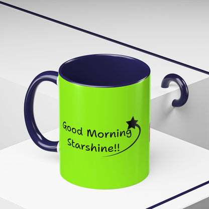 'Good Morning Starshine' Neon Cheerful Coffee Mug by PositiveHug - Green exterior
