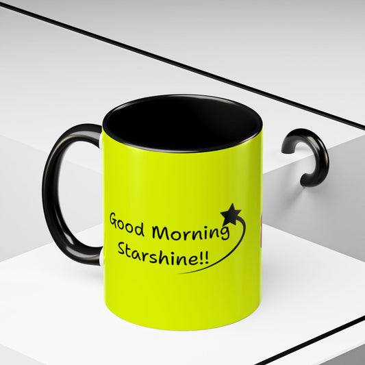 'Good Morning Starshine' Neon Cheerful Coffee Mug by PositiveHug - Yellow exterior
