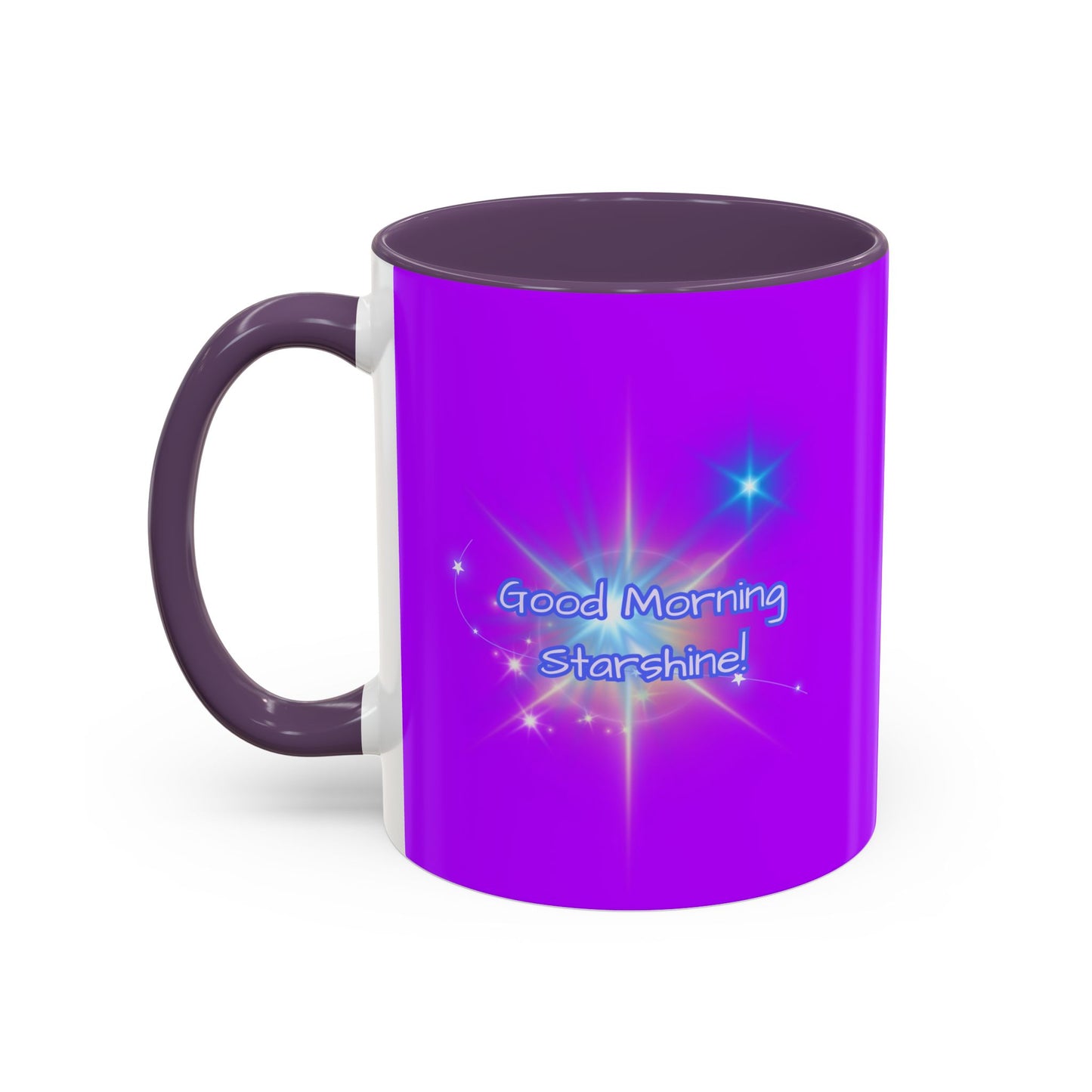 Good Morning Starshine - Neon Cheerful Coffee Mug by PositiveHug - Purple exterior