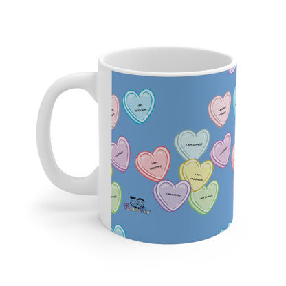 Coffee Mug with Love Heart Candy & Positive Affirmations (I Am Worthy, I Am Loved etc)