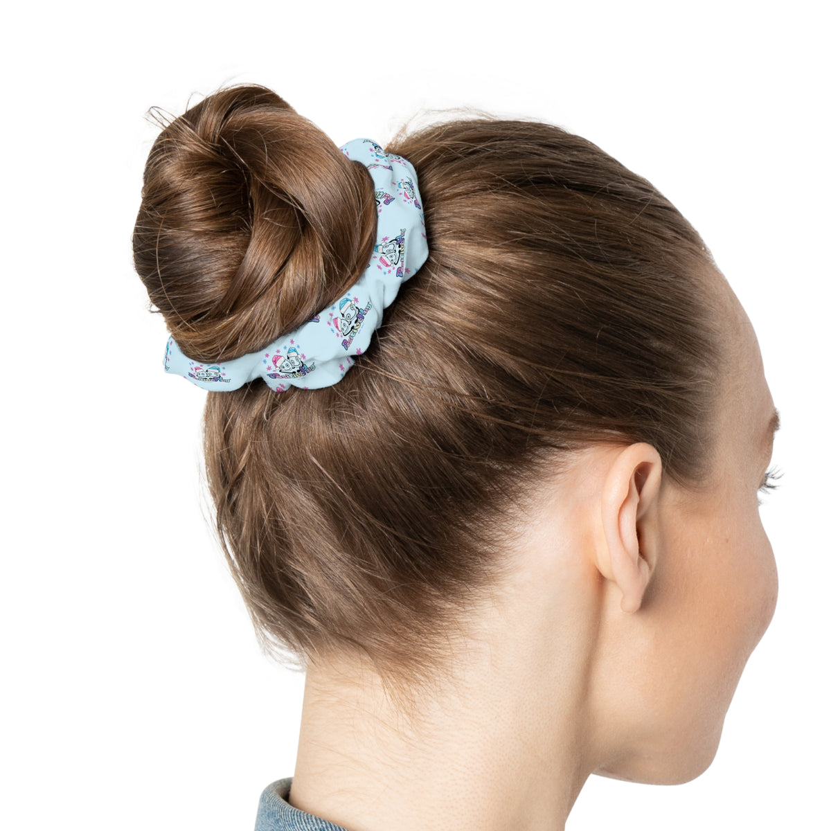 Pastel Blue Festive Logo Hair Scrunchie | PositiveHug
