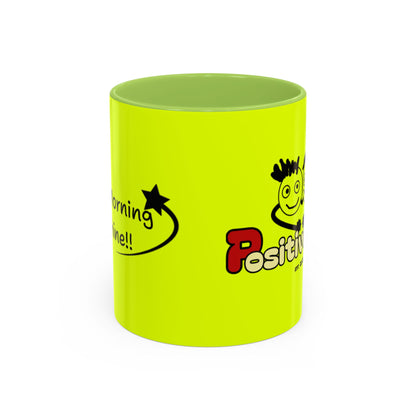 'Good Morning Starshine' Neon Cheerful Coffee Mug by PositiveHug - Yellow exterior