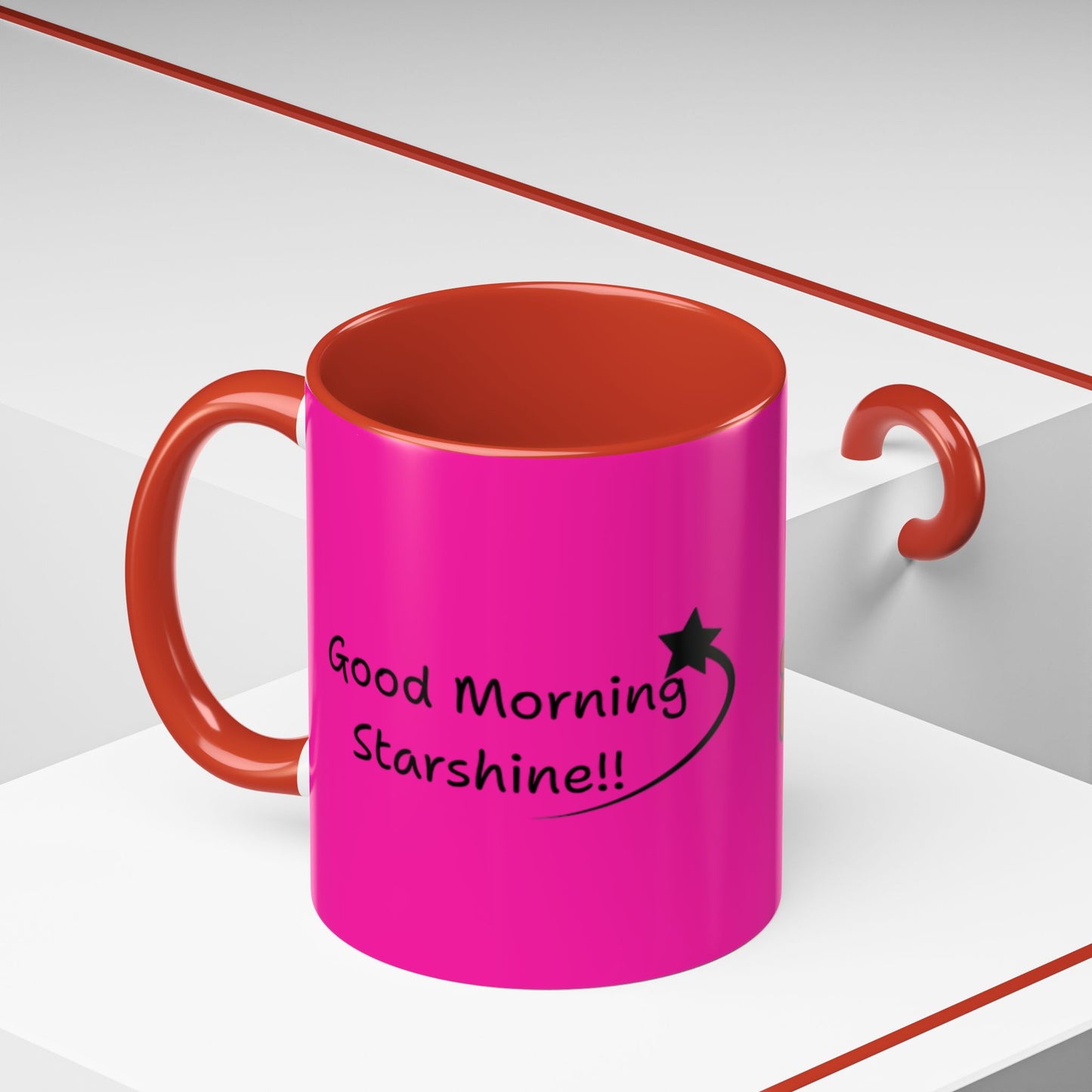 'Good Morning Starshine' Neon Cheerful Coffee Mug by PositiveHug - Pink exterior
