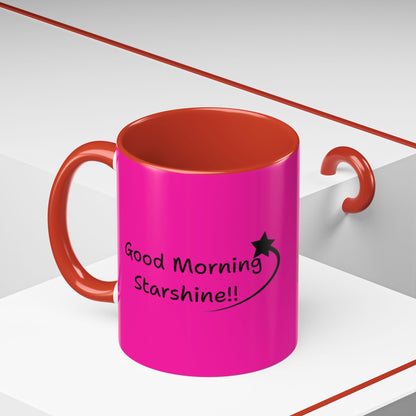 'Good Morning Starshine' Neon Cheerful Coffee Mug by PositiveHug - Pink exterior