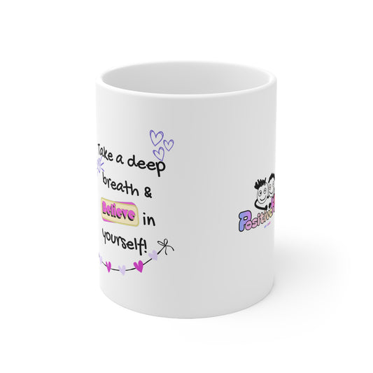 White mug with motivational text and graphics on a white background
