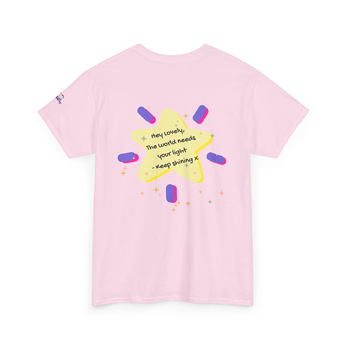 Pink t-shirt with a yellow star graphic and text on a white background