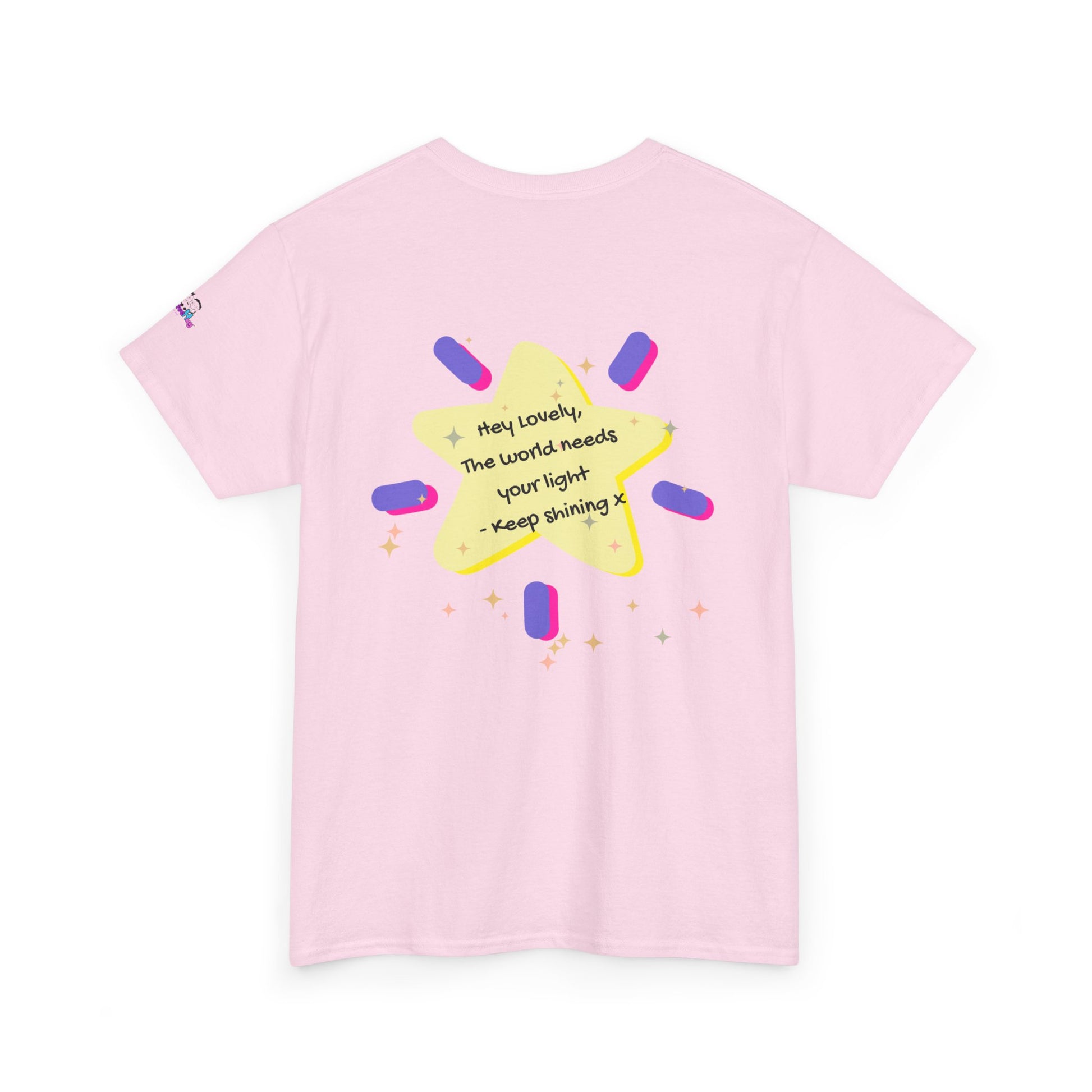 Pink t-shirt with a yellow star graphic and text on a white background