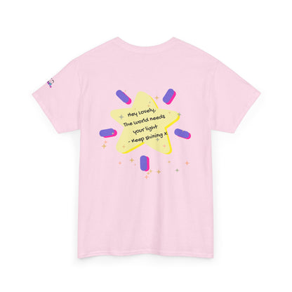 Pink t-shirt with a yellow star graphic and text on a white background