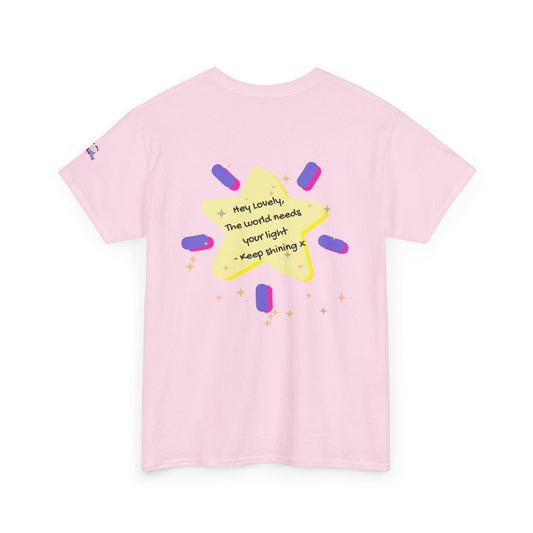 Pink t-shirt with a yellow star graphic and text on a white background