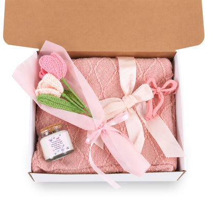 Candle, Cosy Blanket, Crochet Flower Bouquet & Bow Gift Set – "Just when the caterpillar thought the world was over..." | PositiveHug