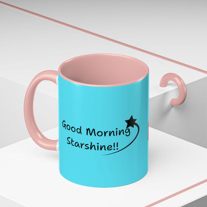'Good Morning Starshine' Neon Cheerful Coffee Mug by PositiveHug - Turquoise exterior