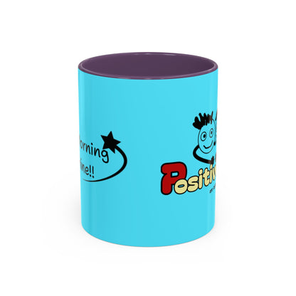 'Good Morning Starshine' Neon Cheerful Coffee Mug by PositiveHug - Turquoise exterior