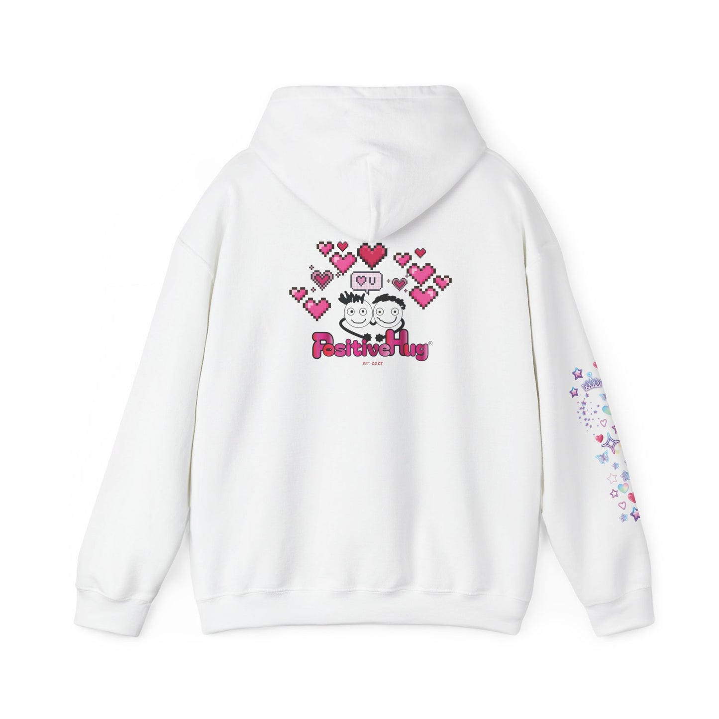 Cute PositiveHug Logo Hoodie with Hearts - Back Graphic