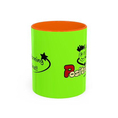 'Good Morning Starshine' Neon Cheerful Coffee Mug by PositiveHug - Green exterior