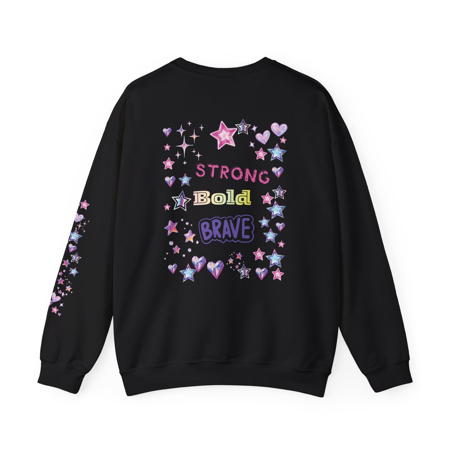 Black sweatshirt with colorful text and star designs on a black background