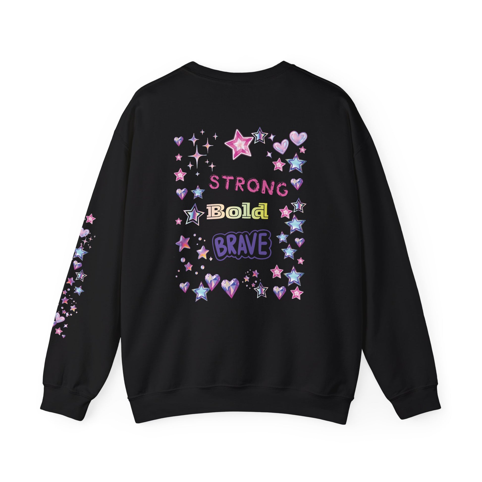Black sweatshirt with colorful text and star designs on a black background