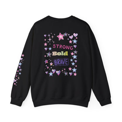 Black sweatshirt with colorful text and star designs on a black background