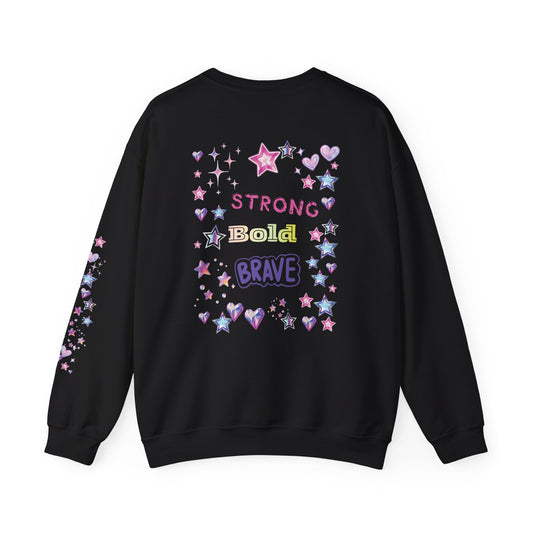 Black sweatshirt with colorful text and star designs on a black background