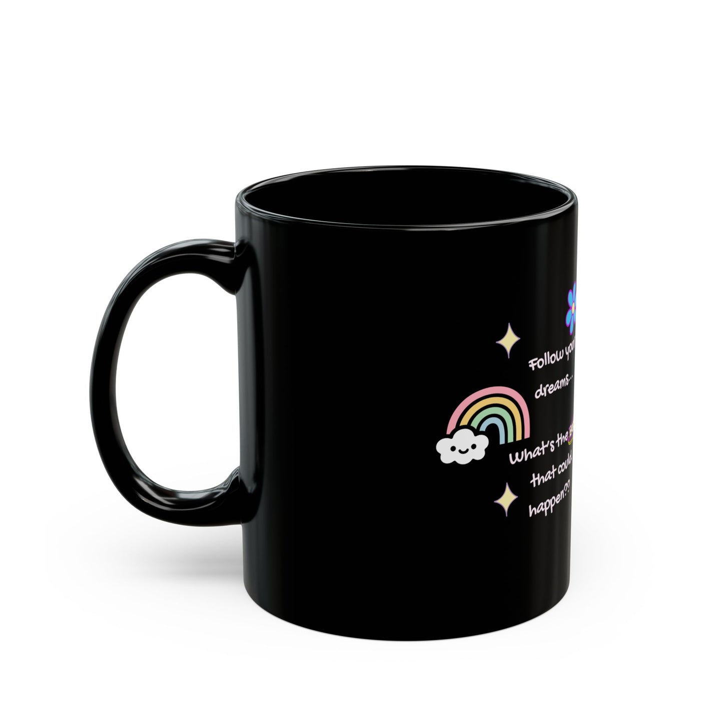 "Follow Your Dreams" PositiveHug Black Mug — Colourful Cute Coffee Cup | 11oz & 15oz | PositiveHug