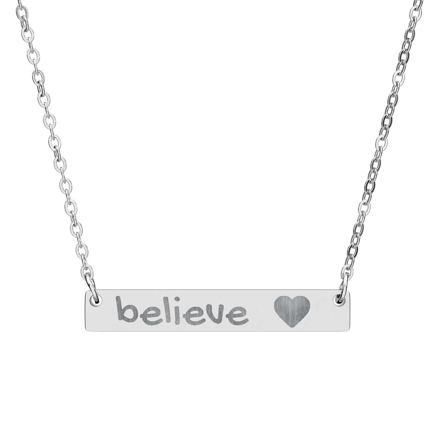 Engraved "Believe" Bar Necklace — Horizontal Heart Pendant