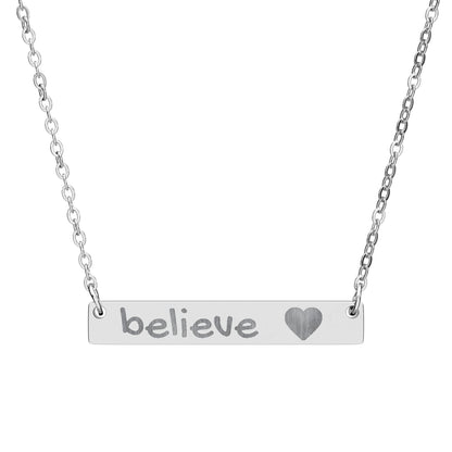 Engraved "Believe" Bar Necklace — Horizontal Heart Pendant