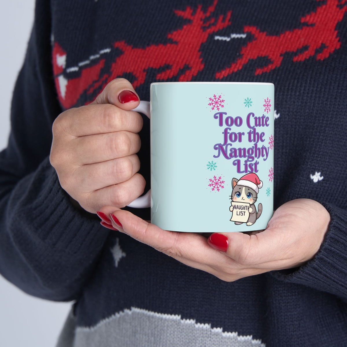 Christmas Cat Ceramic Mug, Too Cute for the Naughty List | PositiveHug
