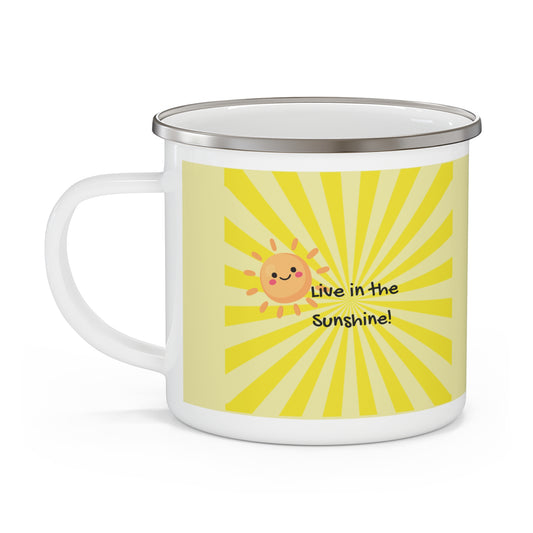 Mug with a sun design and 'Live in the Sunshine!' text on a yellow background