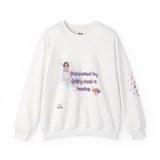 White sweatshirt with cartoon design and text on a white background
