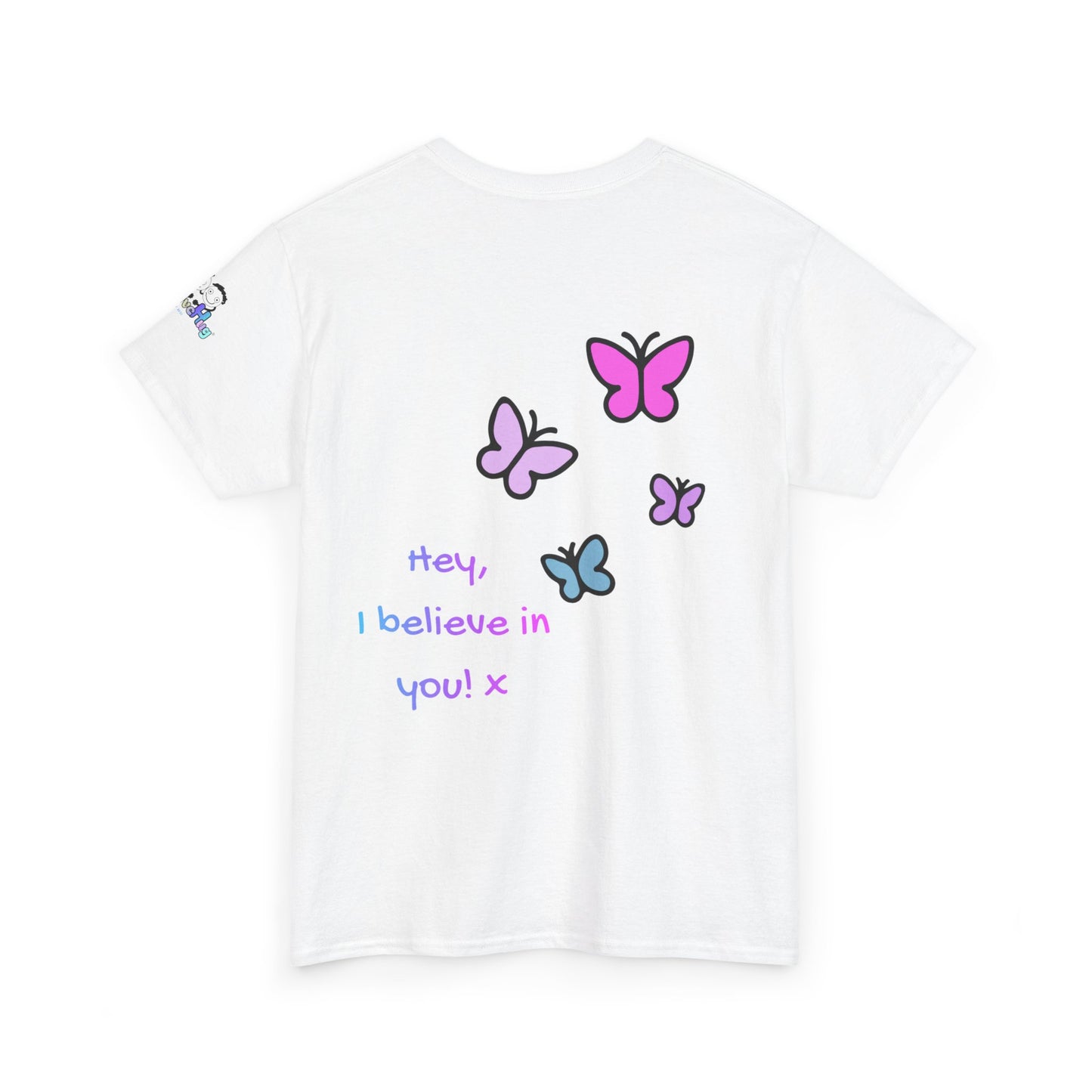 White t-shirt with colorful butterfly graphics and text on a white background