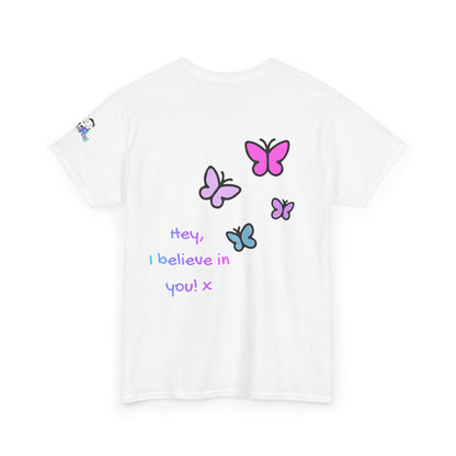 White t-shirt with colorful butterfly graphics and text on a white background