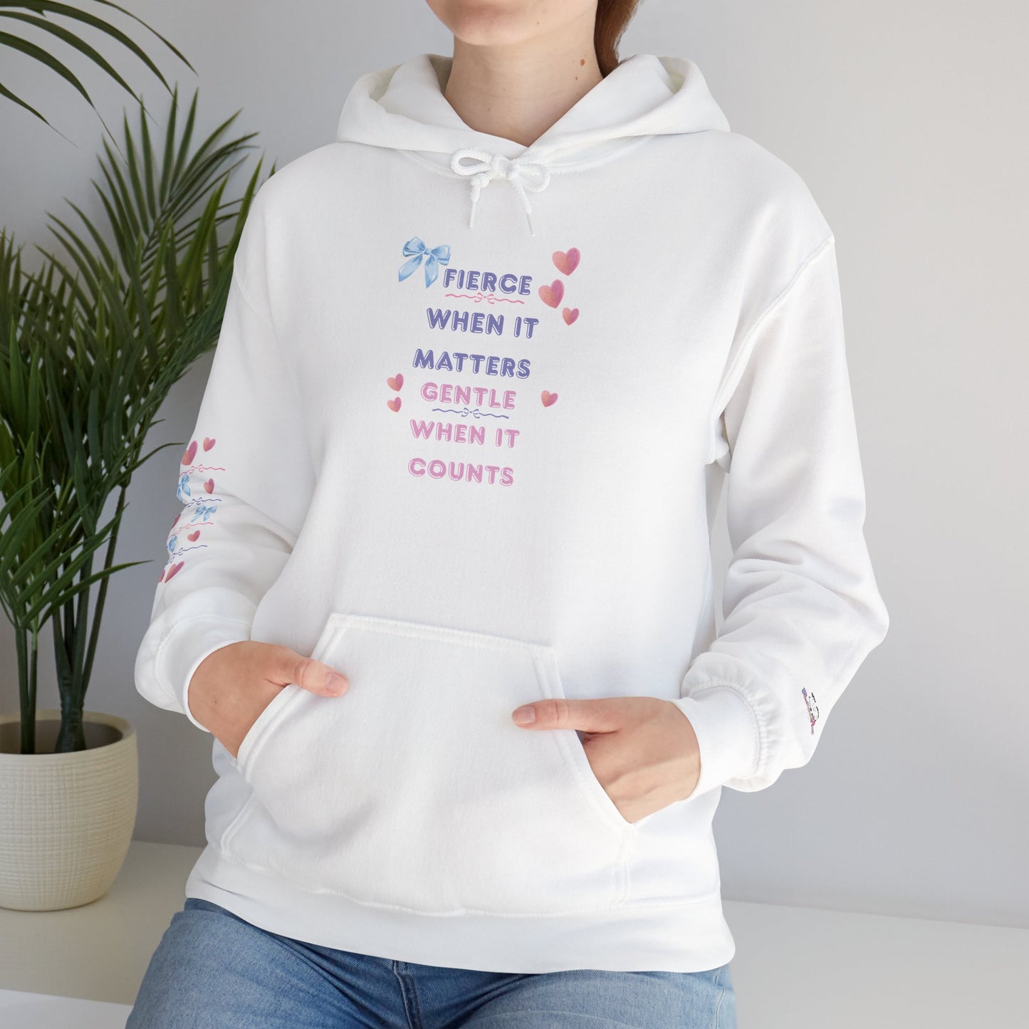 "Fierce When It Matters, Gentle When It Counts" Cute Pastel Bow & Hearts Hoodie | PositiveHug