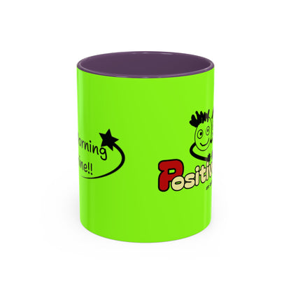 'Good Morning Starshine' Neon Cheerful Coffee Mug by PositiveHug - Green exterior