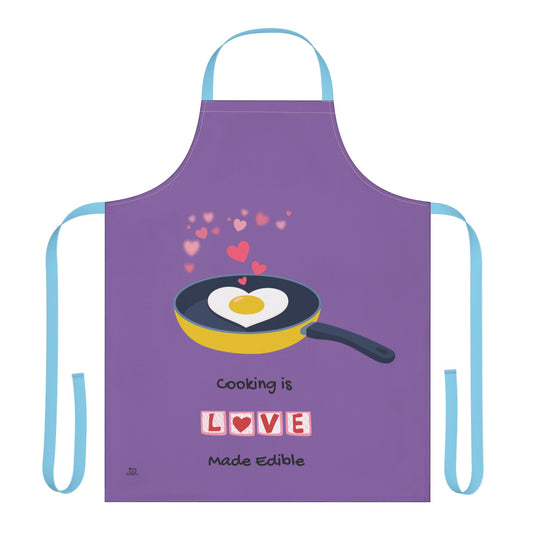 Purple apron with a frying pan graphic and text on a white background