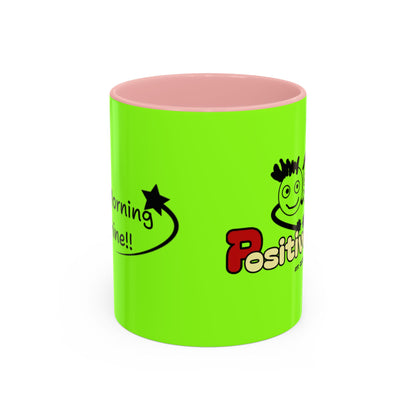'Good Morning Starshine' Neon Cheerful Coffee Mug by PositiveHug - Green exterior