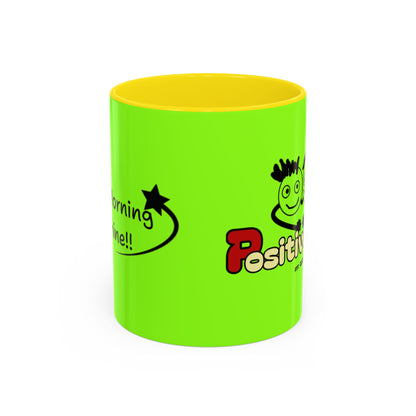 'Good Morning Starshine' Neon Cheerful Coffee Mug by PositiveHug - Green exterior