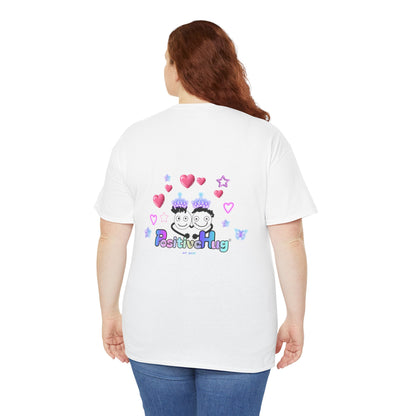 Cute Playful PositiveHug logo Tee with Hearts, Stars Back Graphic