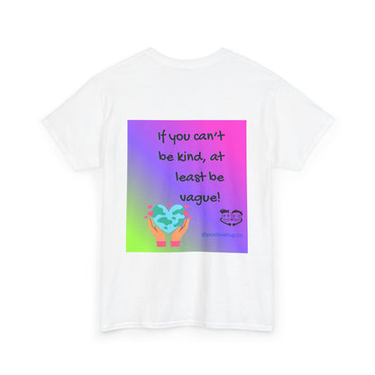 White t-shirt with colorful graphic and text on a white background
