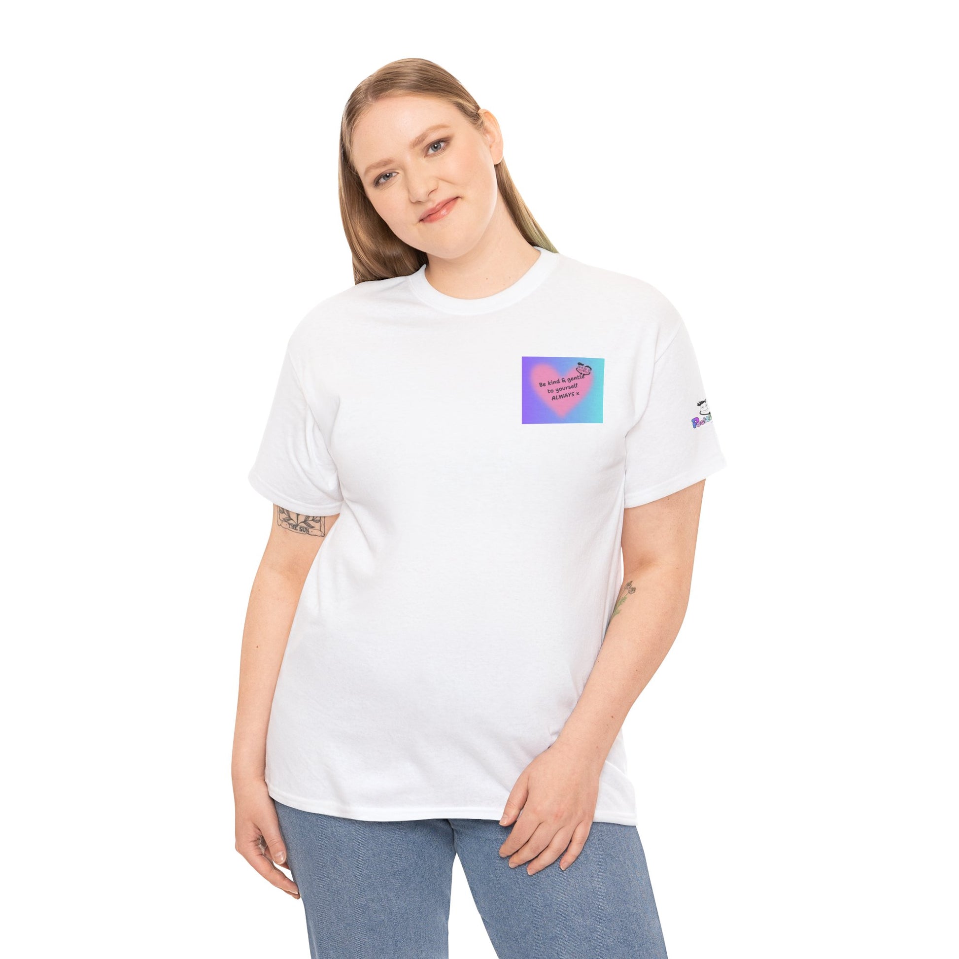 Person wearing a white t-shirt with a colorful graphic on a white background