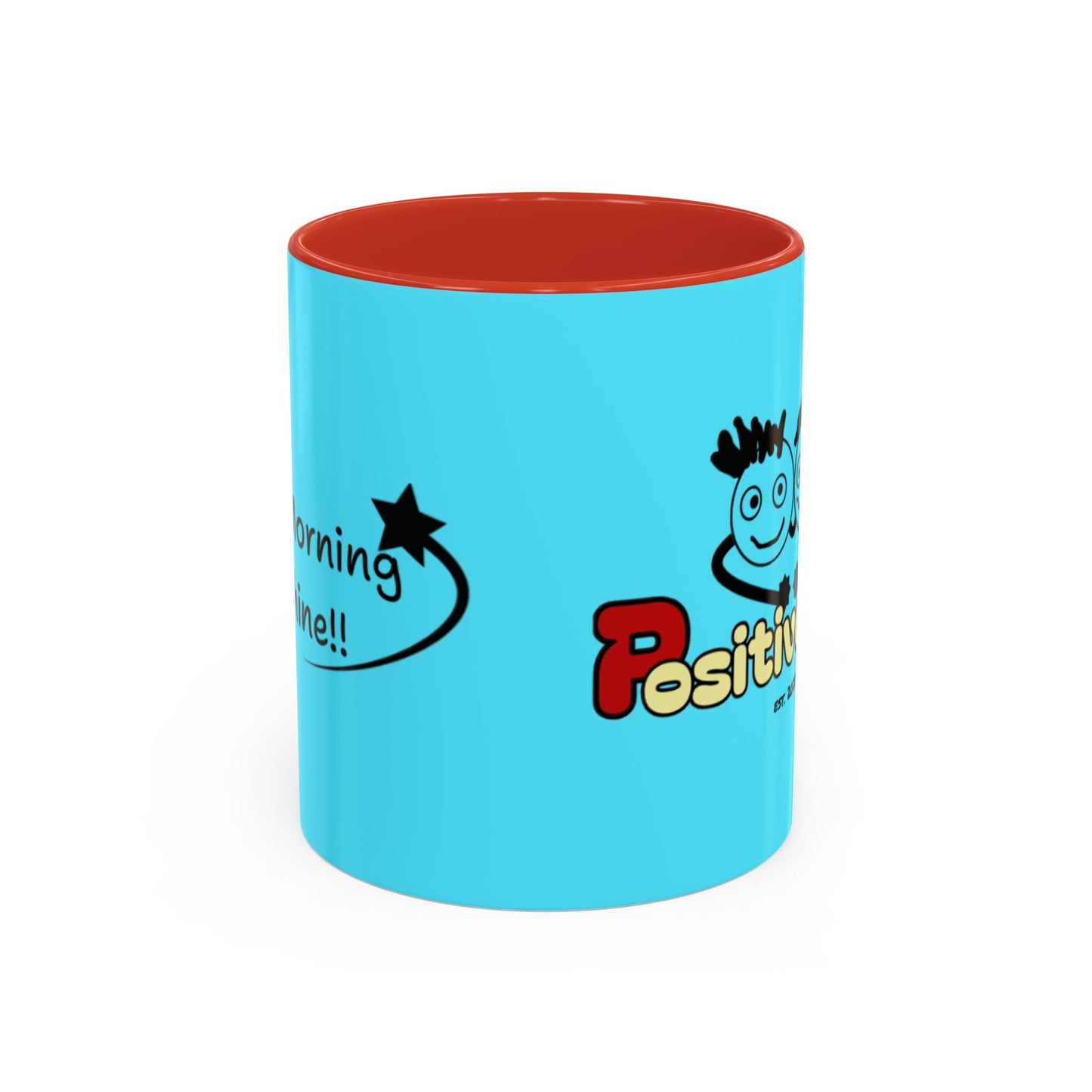 'Good Morning Starshine' Neon Cheerful Coffee Mug by PositiveHug - Turquoise exterior
