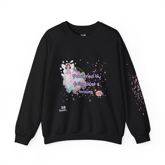 Black sweatshirt with fairy-themed design on a white background