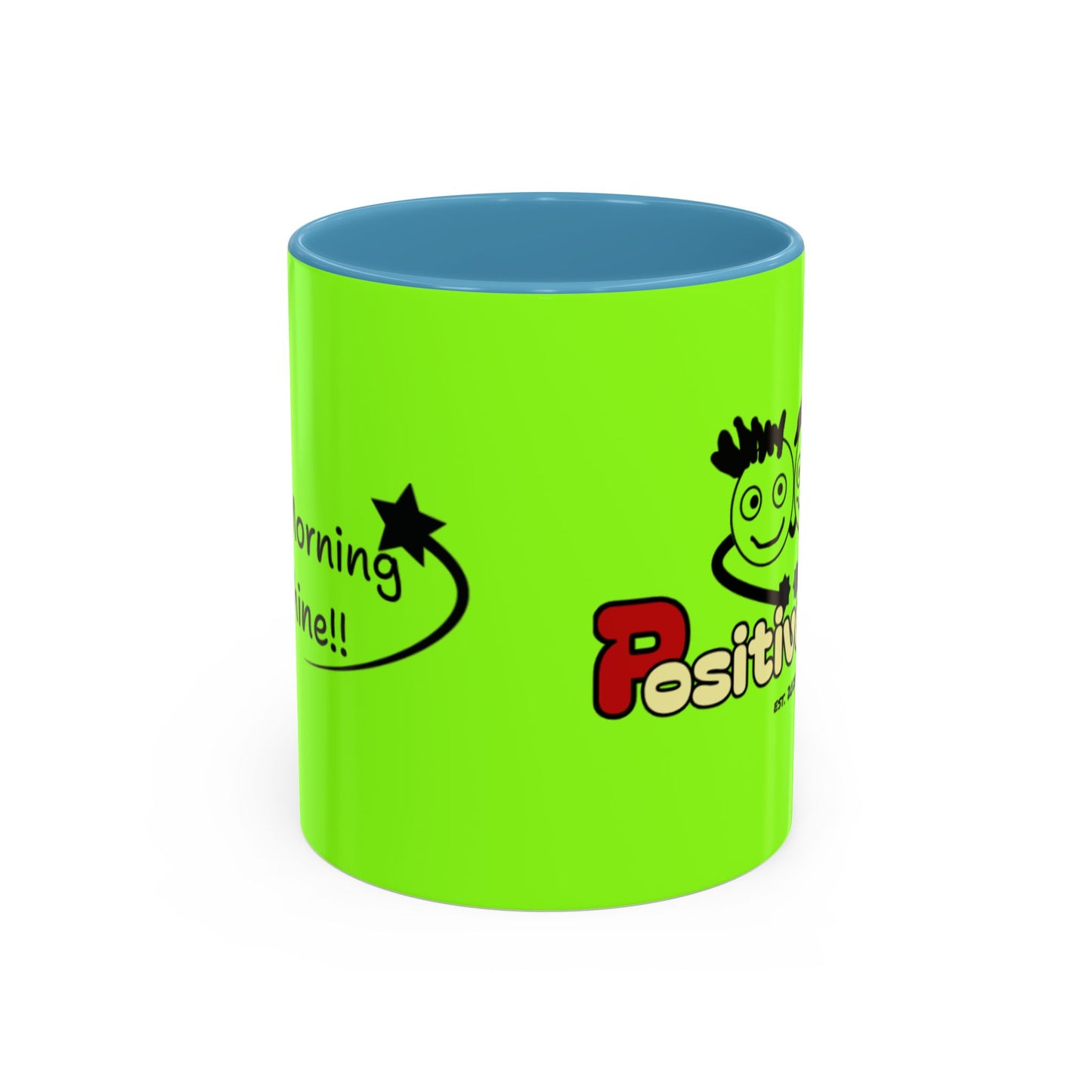 'Good Morning Starshine' Neon Cheerful Coffee Mug by PositiveHug - Green exterior