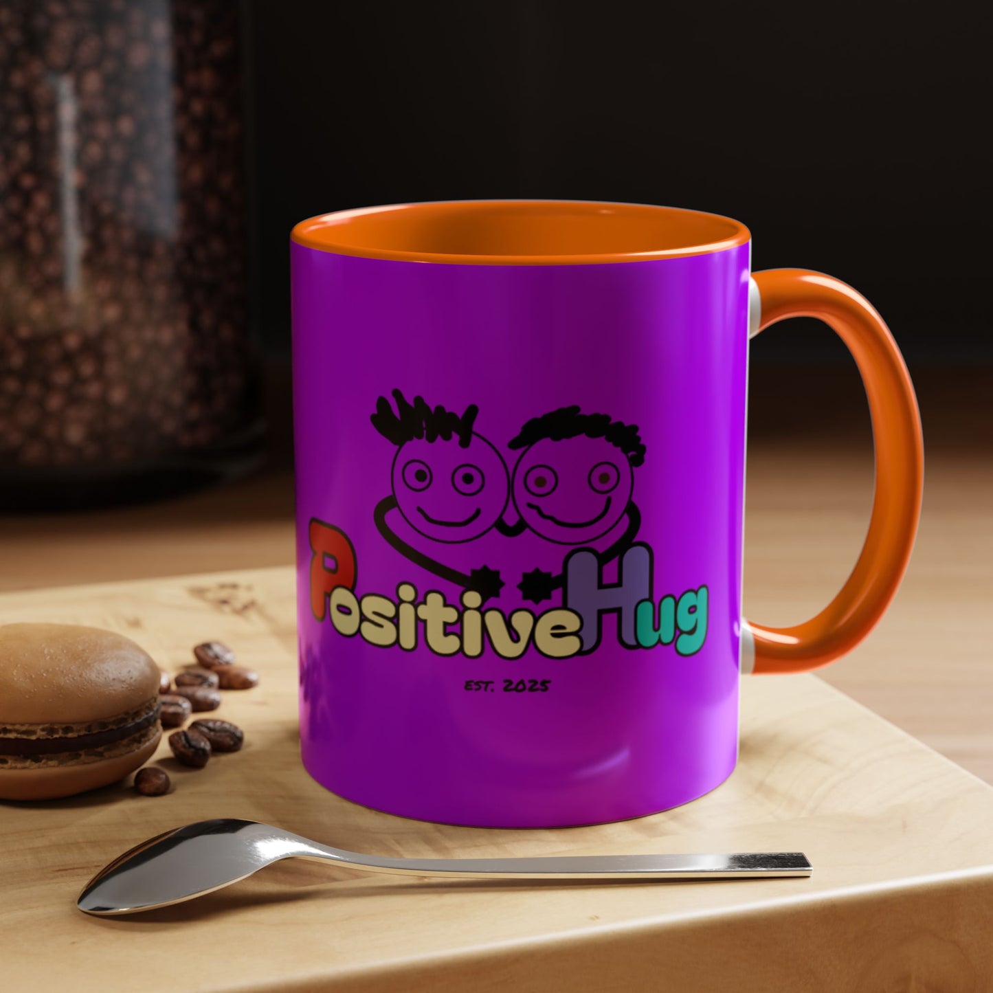 'Good Morning Starshine' Neon Cheerful Coffee Mug by PositiveHug - Purple exterior