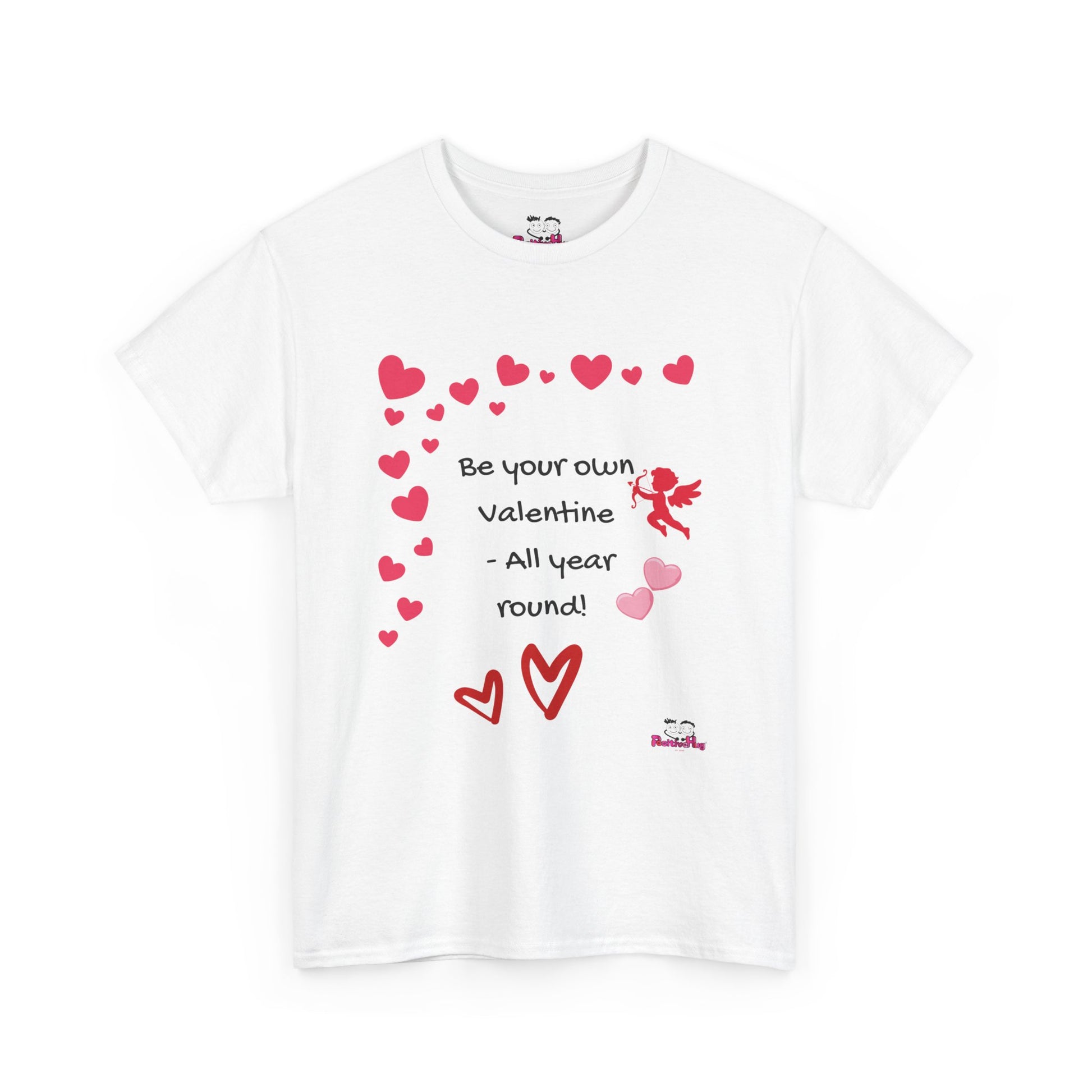 White t-shirt with red hearts and text on a white background
