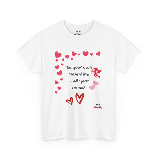 White t-shirt with red hearts and text on a white background