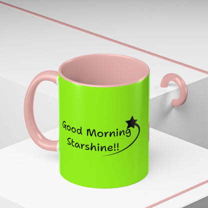 'Good Morning Starshine' Neon Cheerful Coffee Mug by PositiveHug - Green exterior