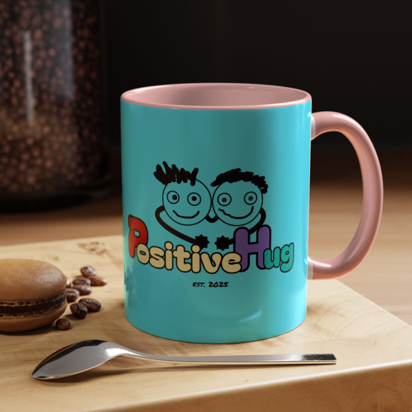 'Good Morning Starshine' Neon Cheerful Coffee Mug by PositiveHug - Turquoise exterior