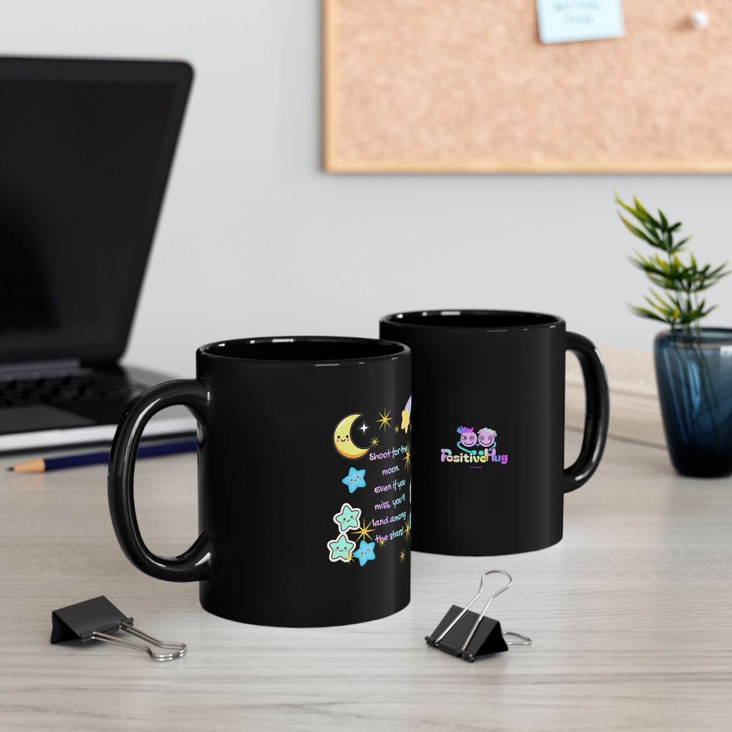 Shoot for the Moon Inspirational Black Mug — Cute Pastel Design | PositiveHug