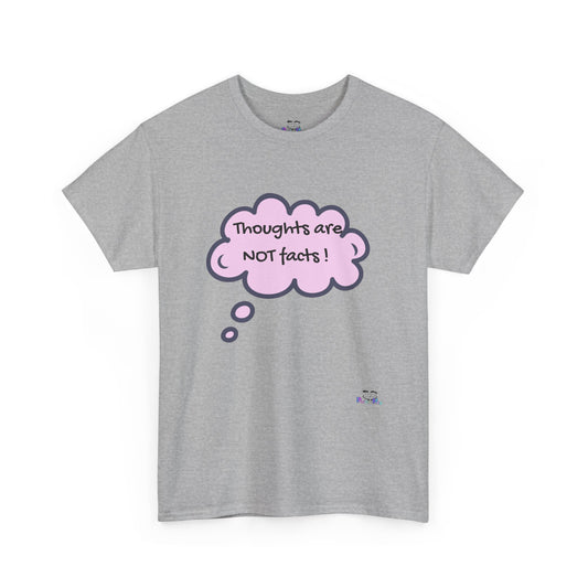 Gray t-shirt with a pink thought bubble and text on a white background