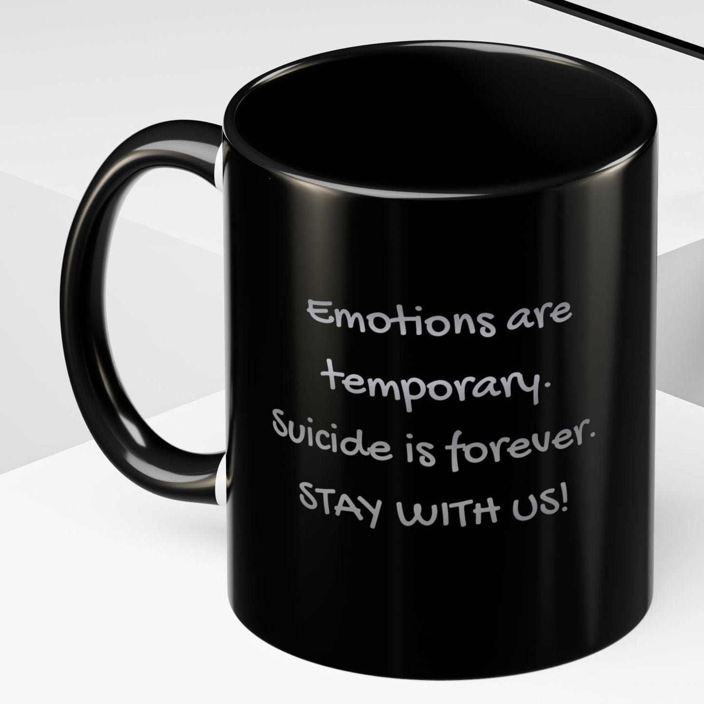 Black mug with a suicide prevention quote on a white background
